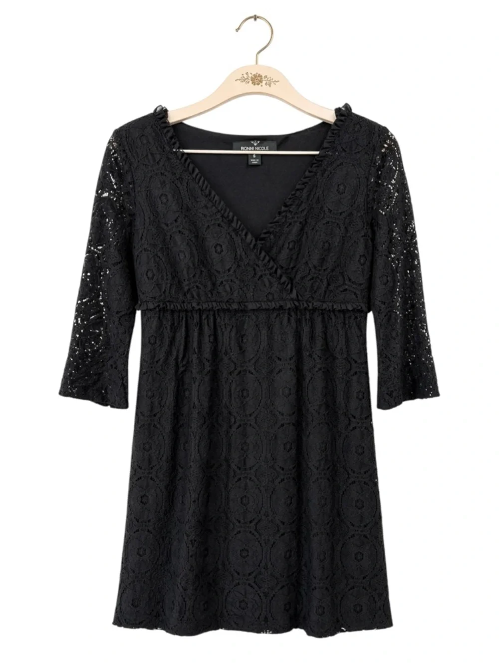 Ronni Nicole Lace Fit & Flare Dress Black 3/4 Sleeve‎ V-Neck Size 6